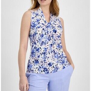 Kasper Women Sleeveless Printed Knot-Front Blouse, Petite Size PS V neck Floral